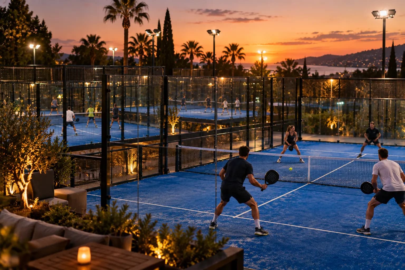 Diversi campi da padel illuminati al tramonto con gruppi che giocano in doppio, palme sullo sfondo e una zona lounge in primo piano.