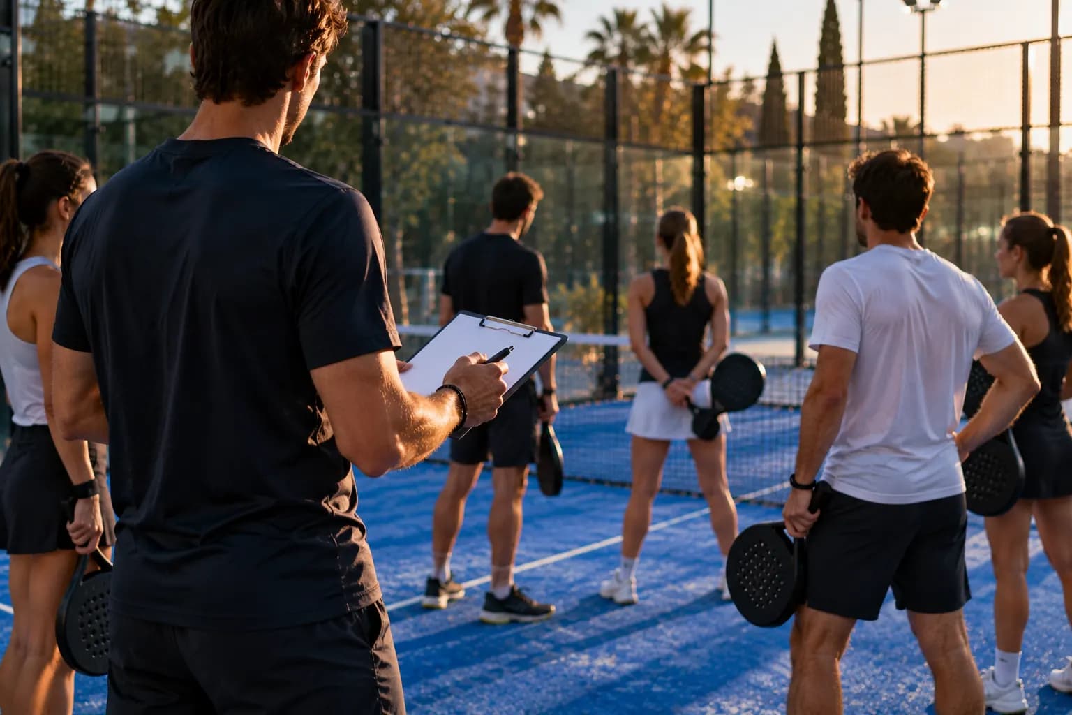Un organizzatore con una cartellina spiega il programma a un gruppo di giocatori di padel in campo, ognuno con la sua racchetta.