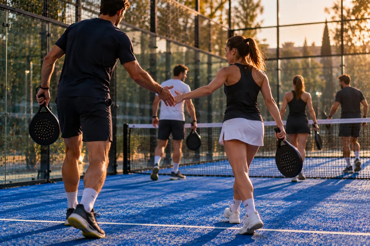 Due giocatori di padel si danno il cinque mentre cambiano compagno tra un turno e l’altro; gli altri raggiungono le nuove posizioni.