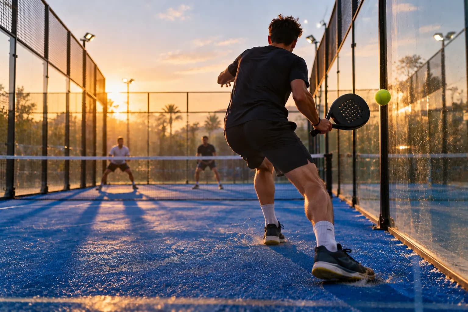 Ein Padelspieler spielt bei Sonnenuntergang einen Ball neben der seitlichen Glaswand eines blauen Außenplatzes, die beiden Gegner warten am Netz.