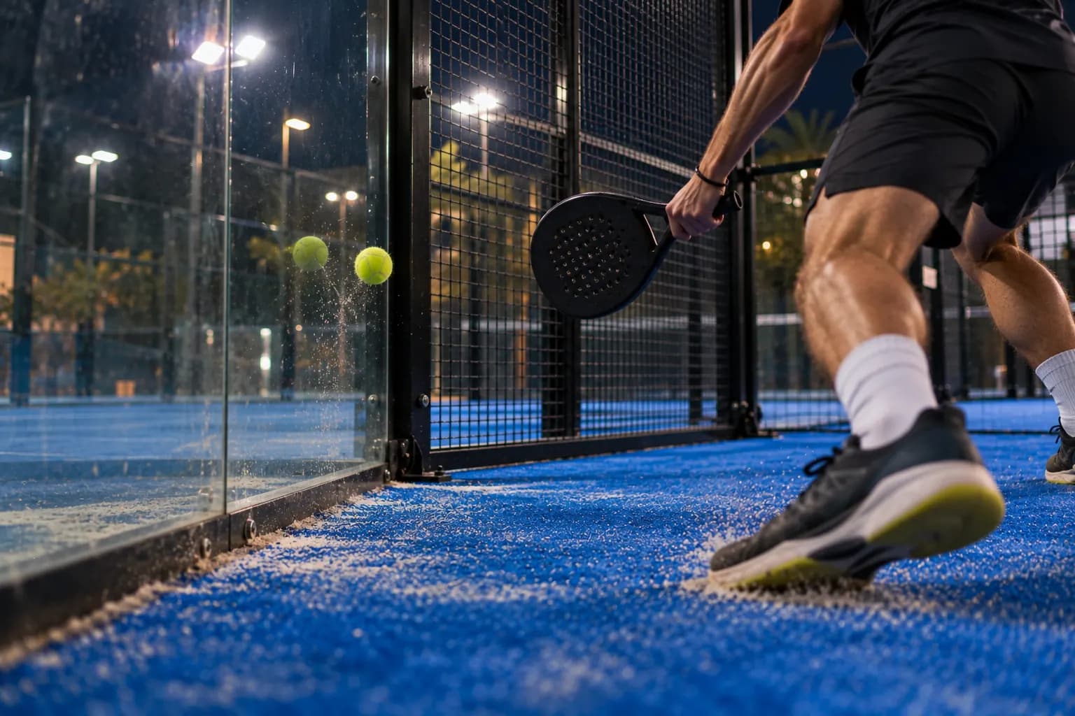Ein Padelspieler dreht sich zur seitlichen Glaswand, von der der Ball zurückkommt; Flutlichtplatz mit Metallgitter im Hintergrund.
