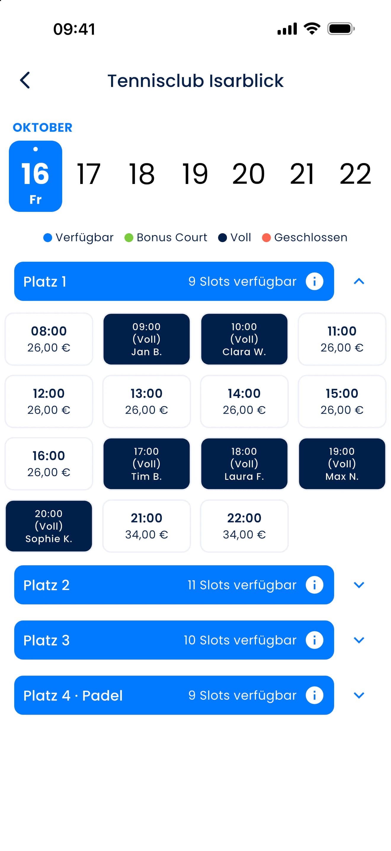 Buchungskalender in der PFM-App: Tagesauswahl und Zeiten pro Platz