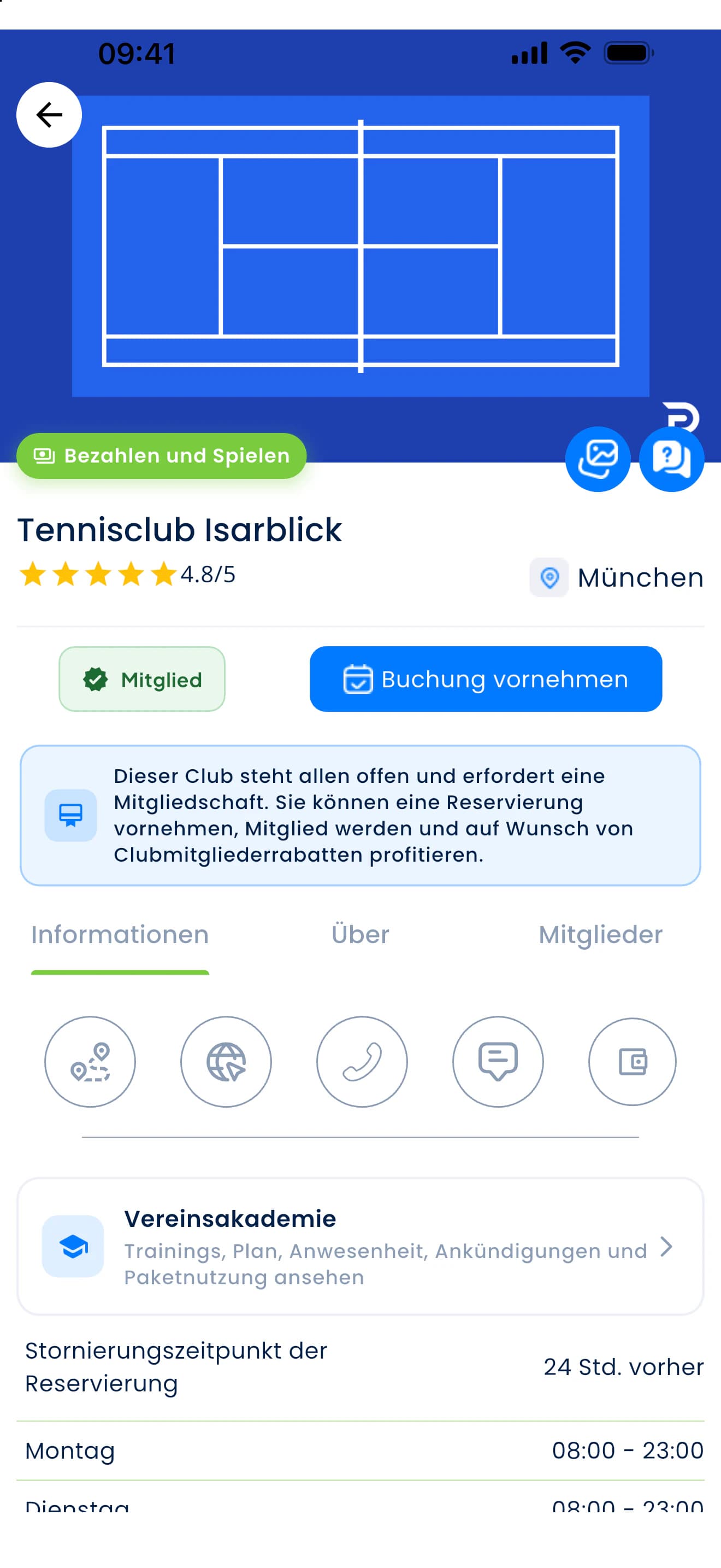 Eine Clubseite in der PFM-App: Bewertung, Mitgliedschaftsstatus, Buchungsbutton und Akademie