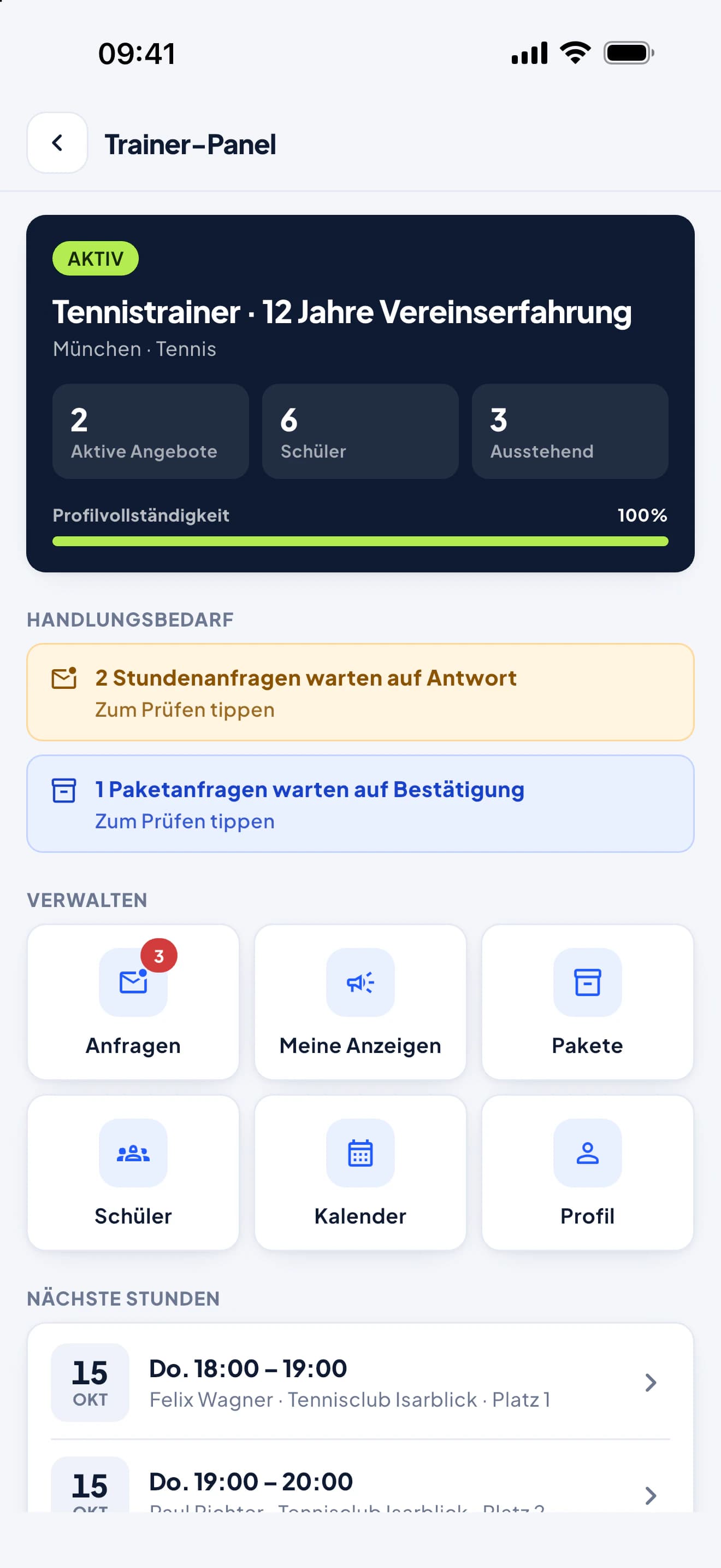 Trainer-Panel in der PFM-App: aktive Angebote, Schüler, offene Stunden- und Paketanfragen, nächste Stunden