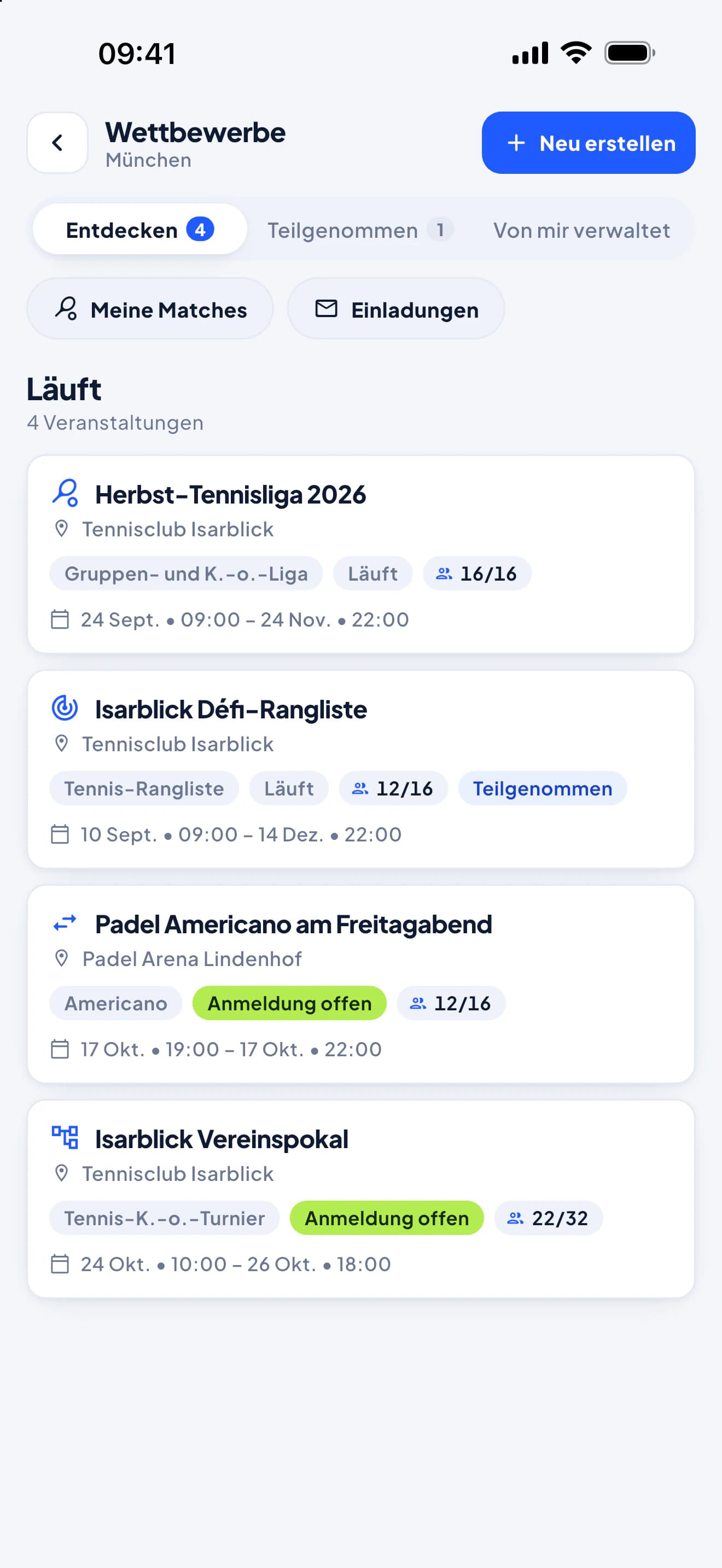 Ansicht „Ligen und Turniere“ in der PFM-App: eine laufende Liga, eine Défi-Liga und ein Americano
