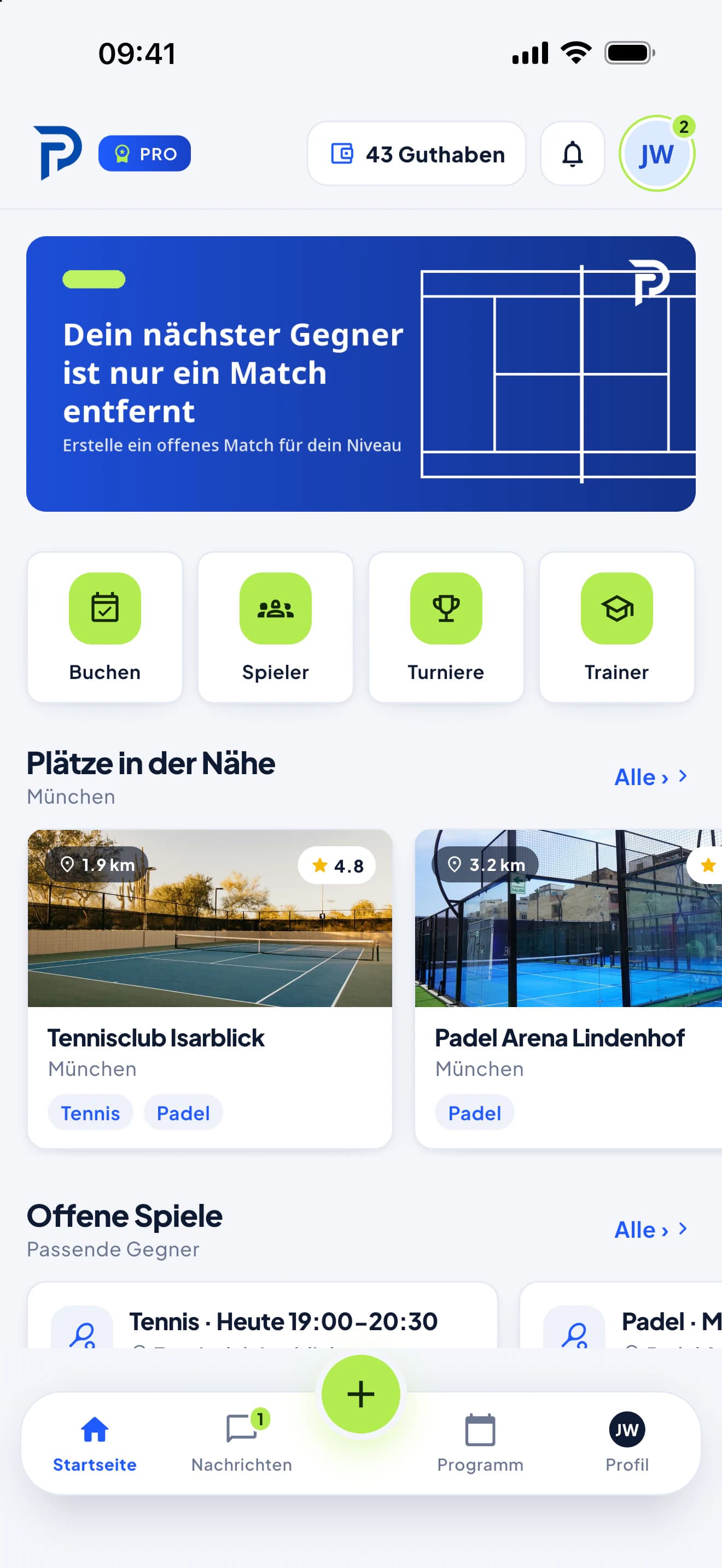 Der Startbildschirm der PFM-App: Schnellaktionen, Plätze in der Nähe und offene Matches