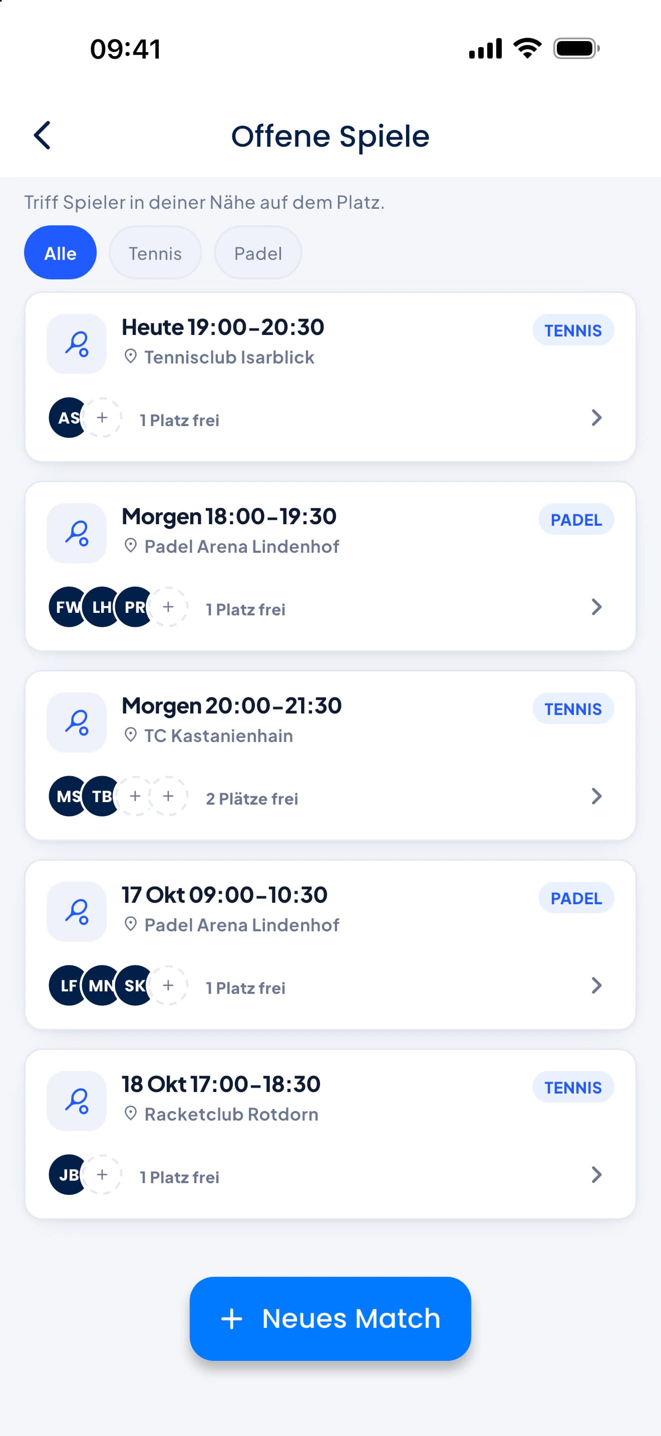 Offene Matches in der PFM-App: Matches in der Nähe mit Uhrzeit, Club, Sportart und freien Plätzen