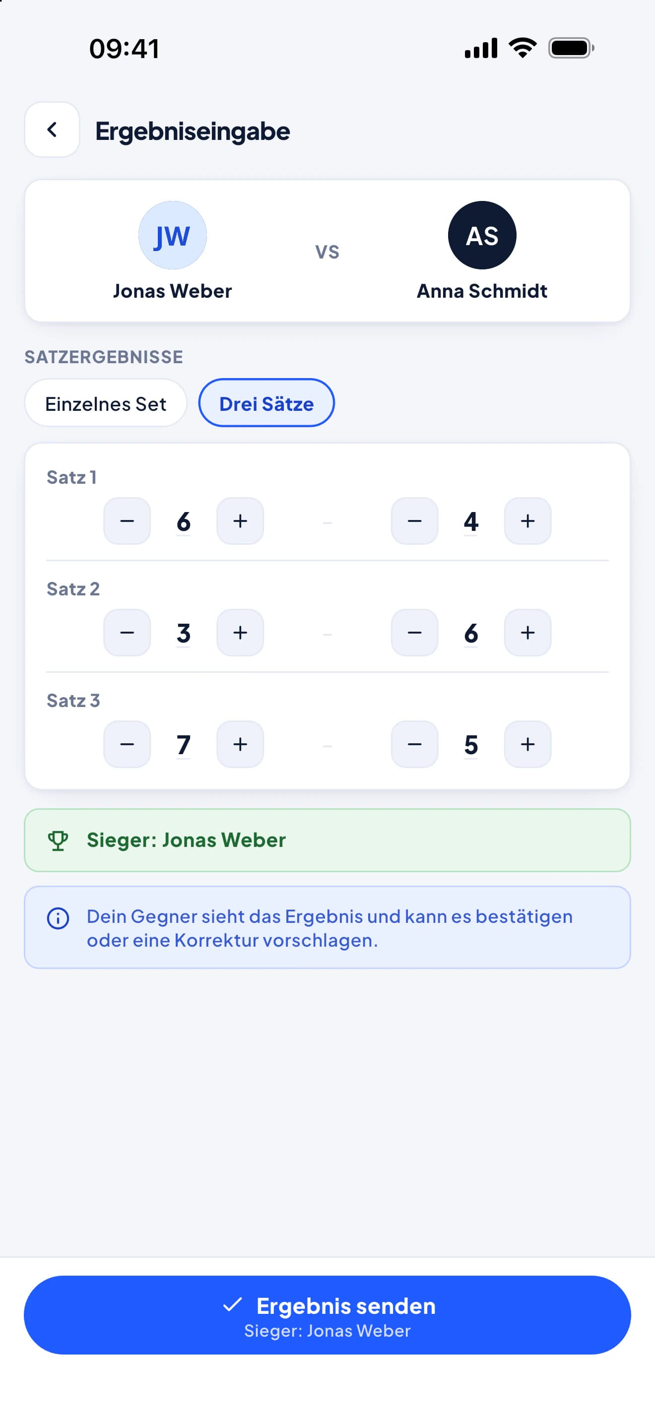 Ergebniseingabe in der PFM-App: Satz für Satz, Vorschau des Siegers und Button zum Absenden