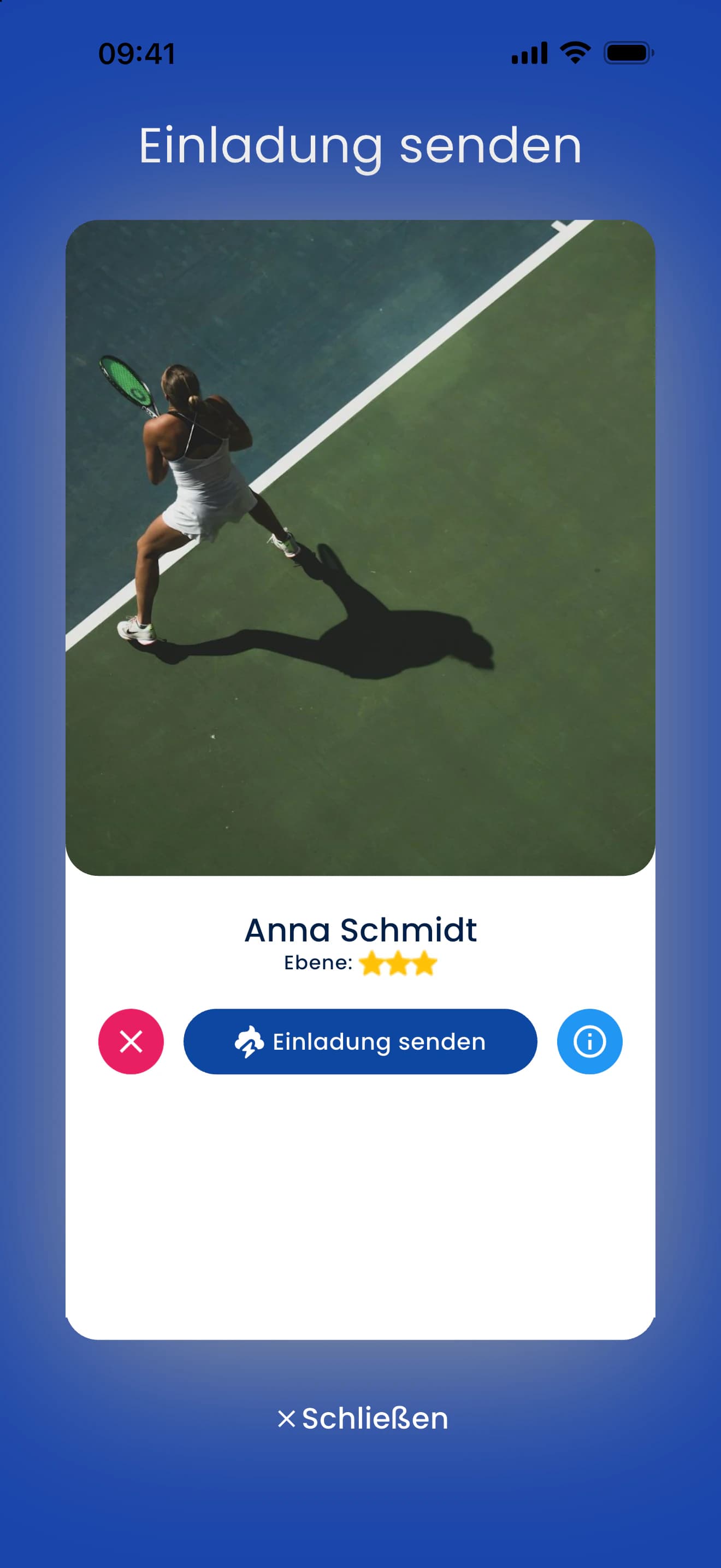 Spieler finden in der PFM-App: Spielerkarte mit Spielstärke und Button zum Einladen