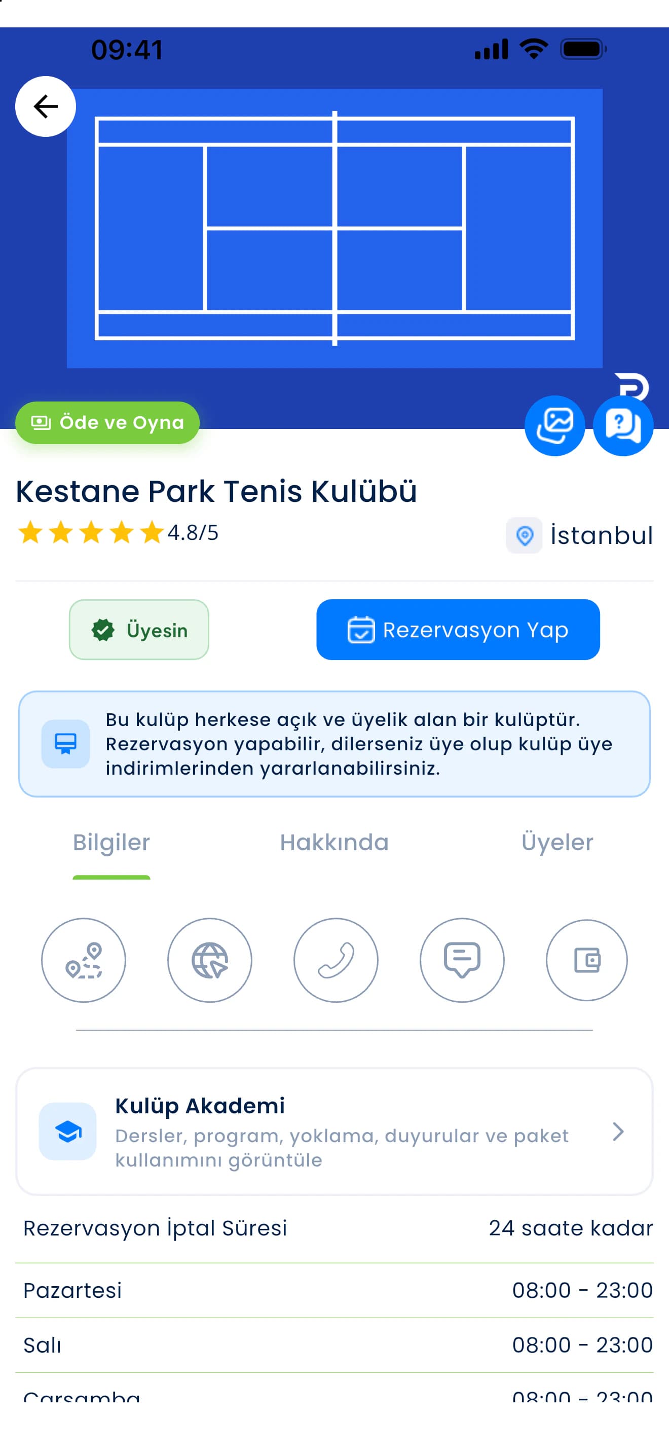 PFM uygulamasında bir kulüp sayfası: kulüp bilgileri, iletişim ve rezervasyon düğmesi
