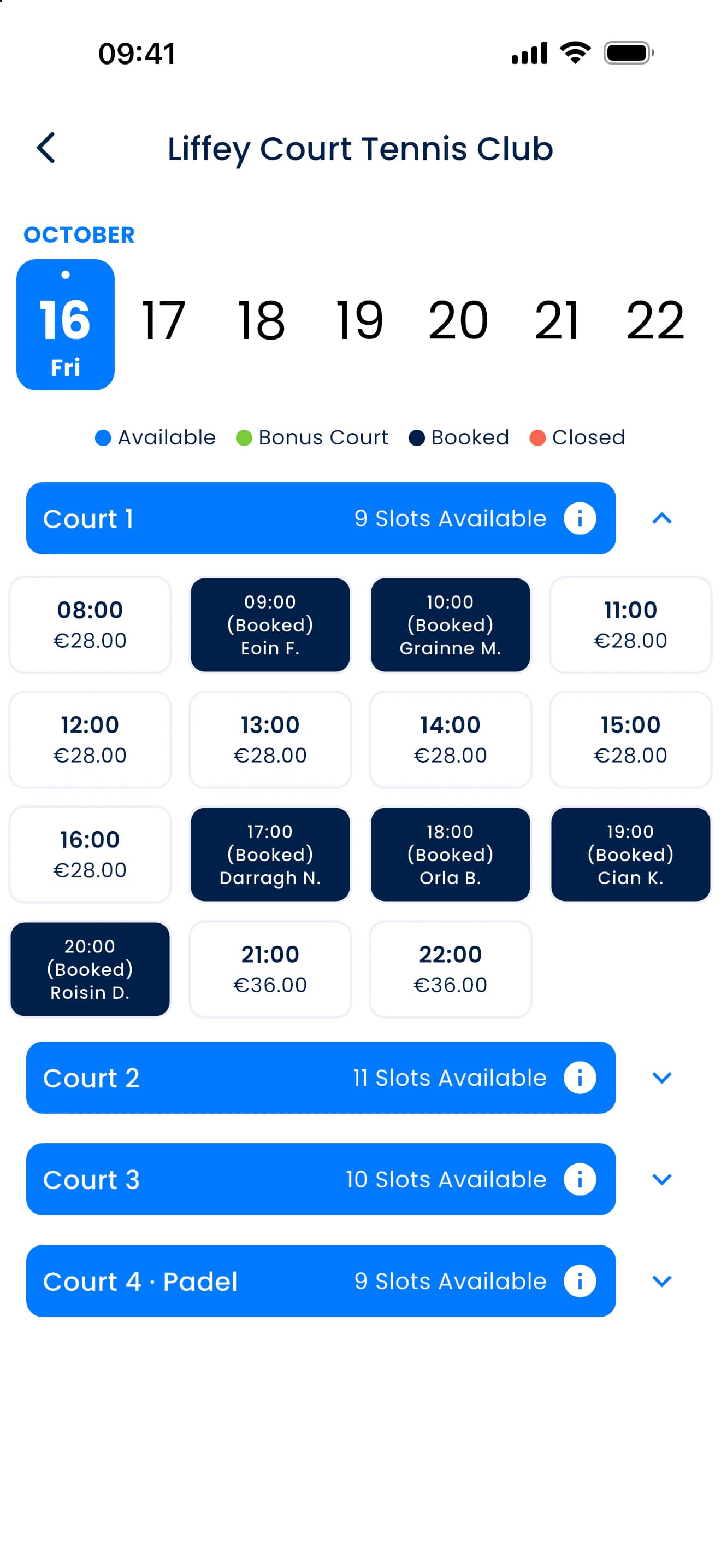 Court booking calendar in the PFM app: day picker and hours per court