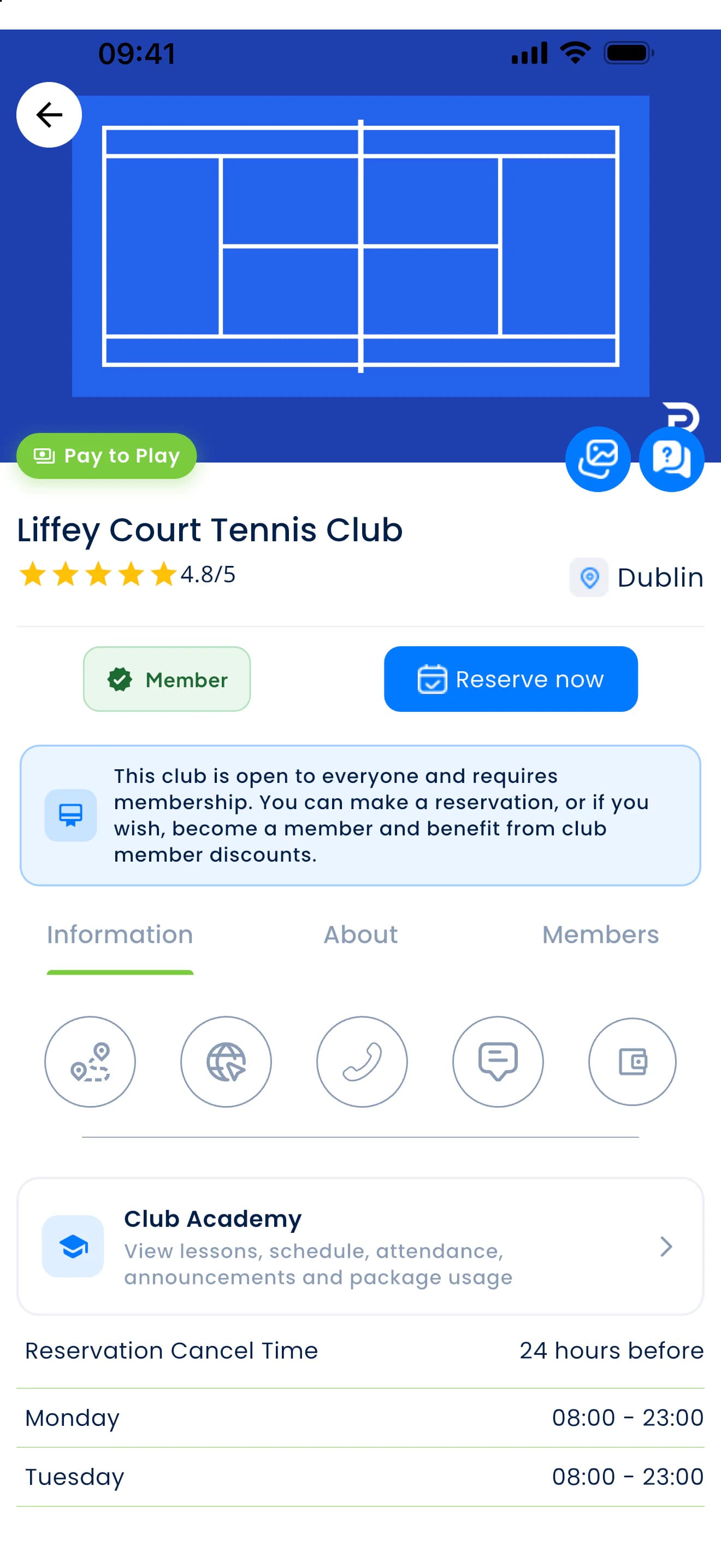 A club page in the PFM app: rating, membership status, booking button and academy