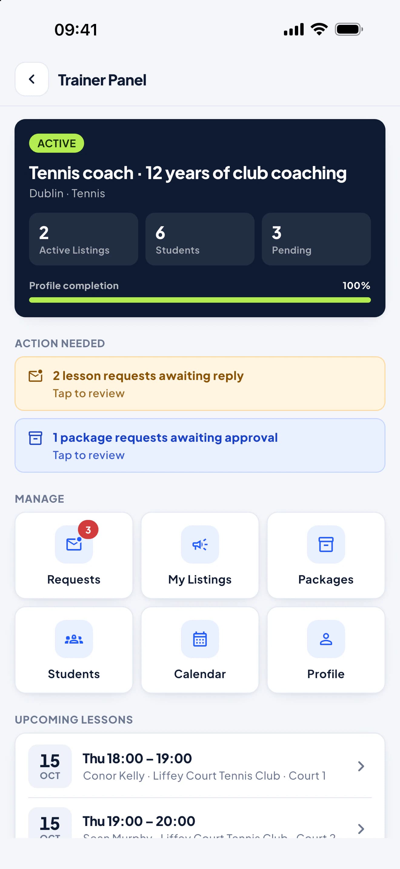 Coach panel in the PFM app: active listings, students, pending lesson and package requests, upcoming lessons