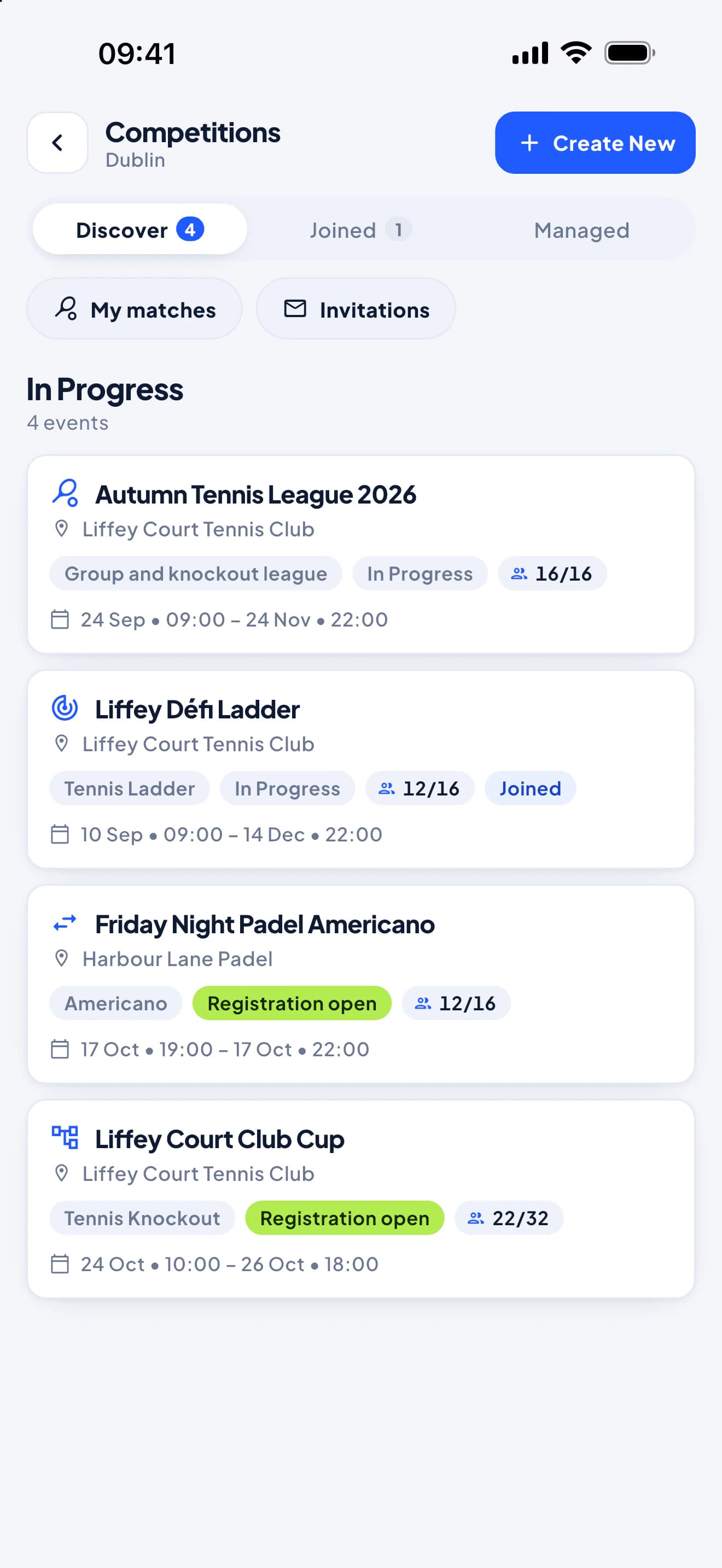 Leagues and Tournaments screen in the PFM app: an ongoing league, Défi and Americano