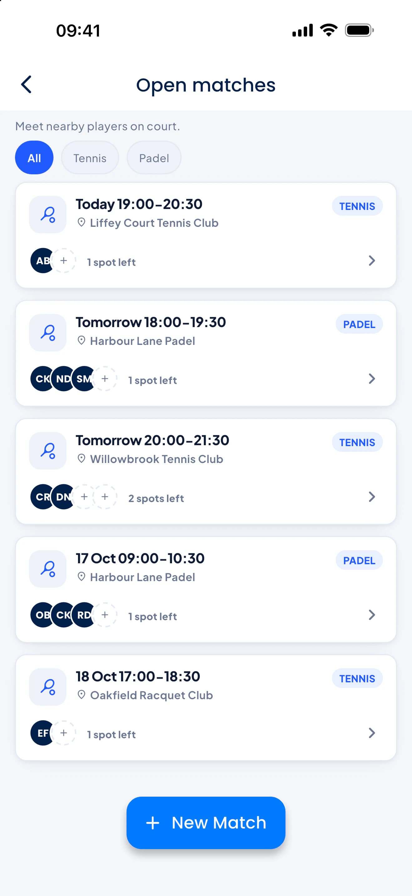 Open Matches screen in the PFM app: nearby matches with time, club, sport and open spots