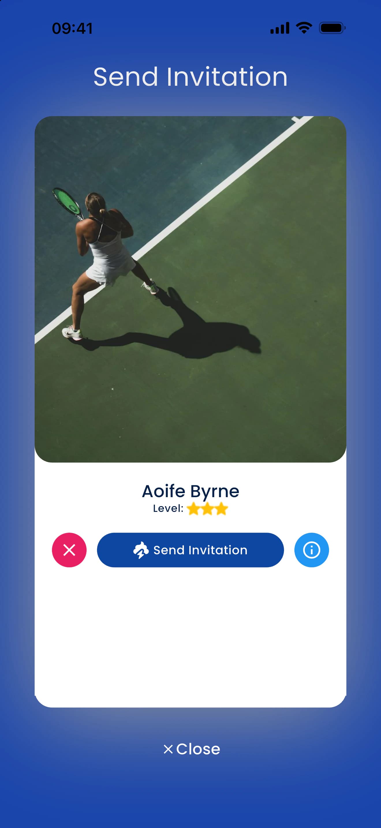 Find Player in the PFM app: player card with level and an invite button